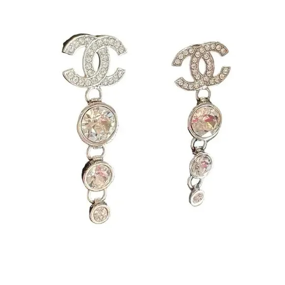CHANEL Women's Stunning Silver Strass and Crystal CC Long Dangle Earrings - NWT - Picture 5 of 8